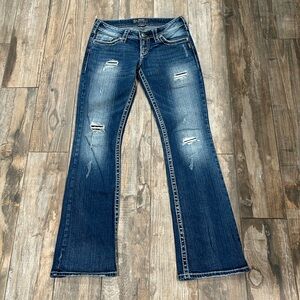 Silver Jeans Boot Cut Flap Button Pocket Distressed Low Rise Waist 28 Length 33
